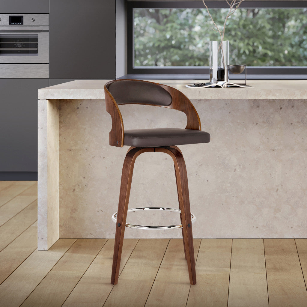 Brown Faux Leather Modern Walnut Wooden Bar Stool