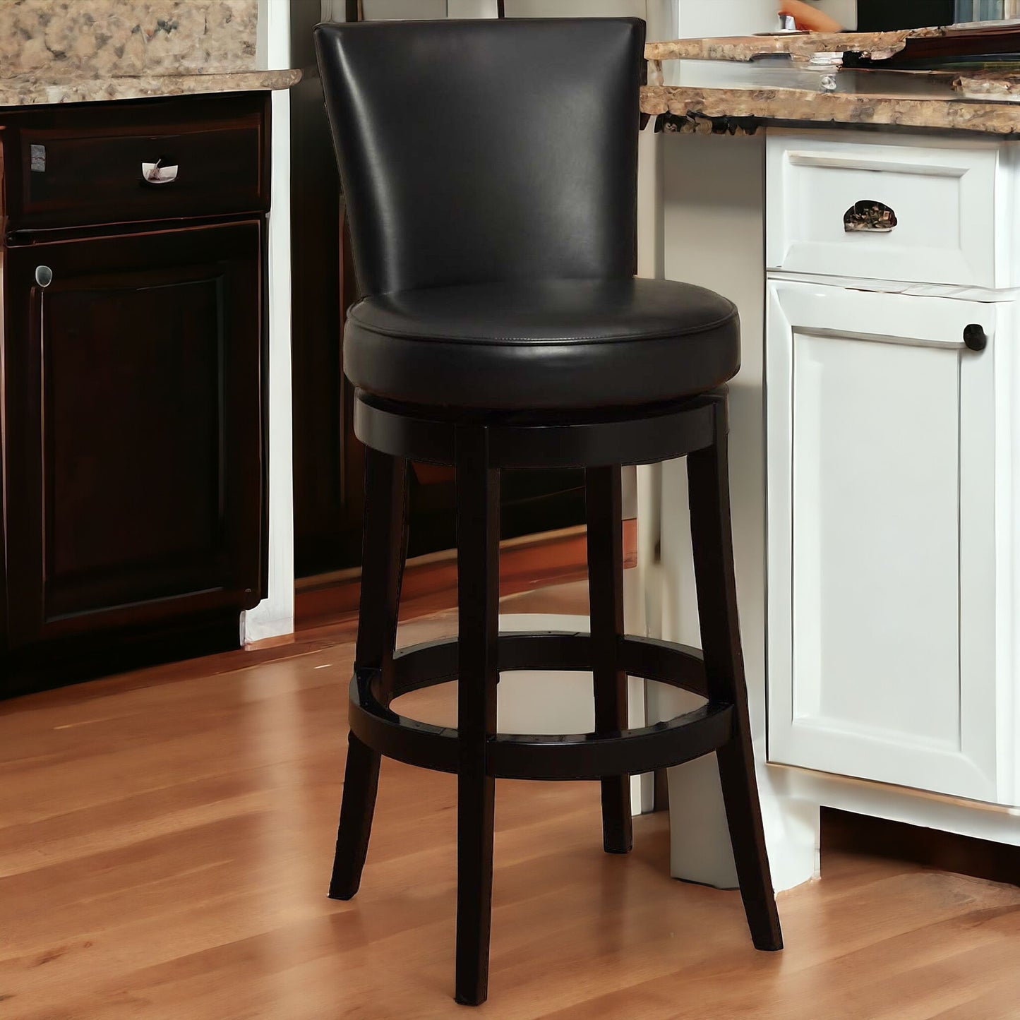 26" Black Faux Leather Round Seat Black Wood Swivel Armless Bar Stool