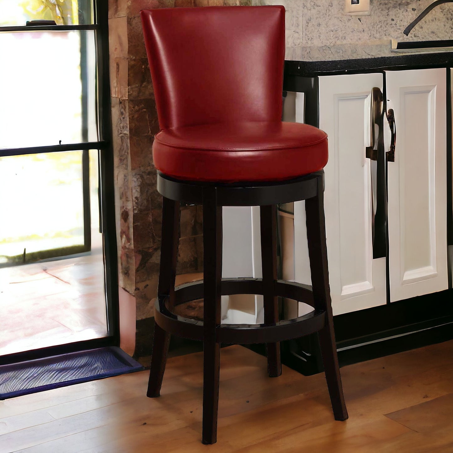 26" Red Faux Leather Round Seat Black Wood Swivel Armless Bar Stool