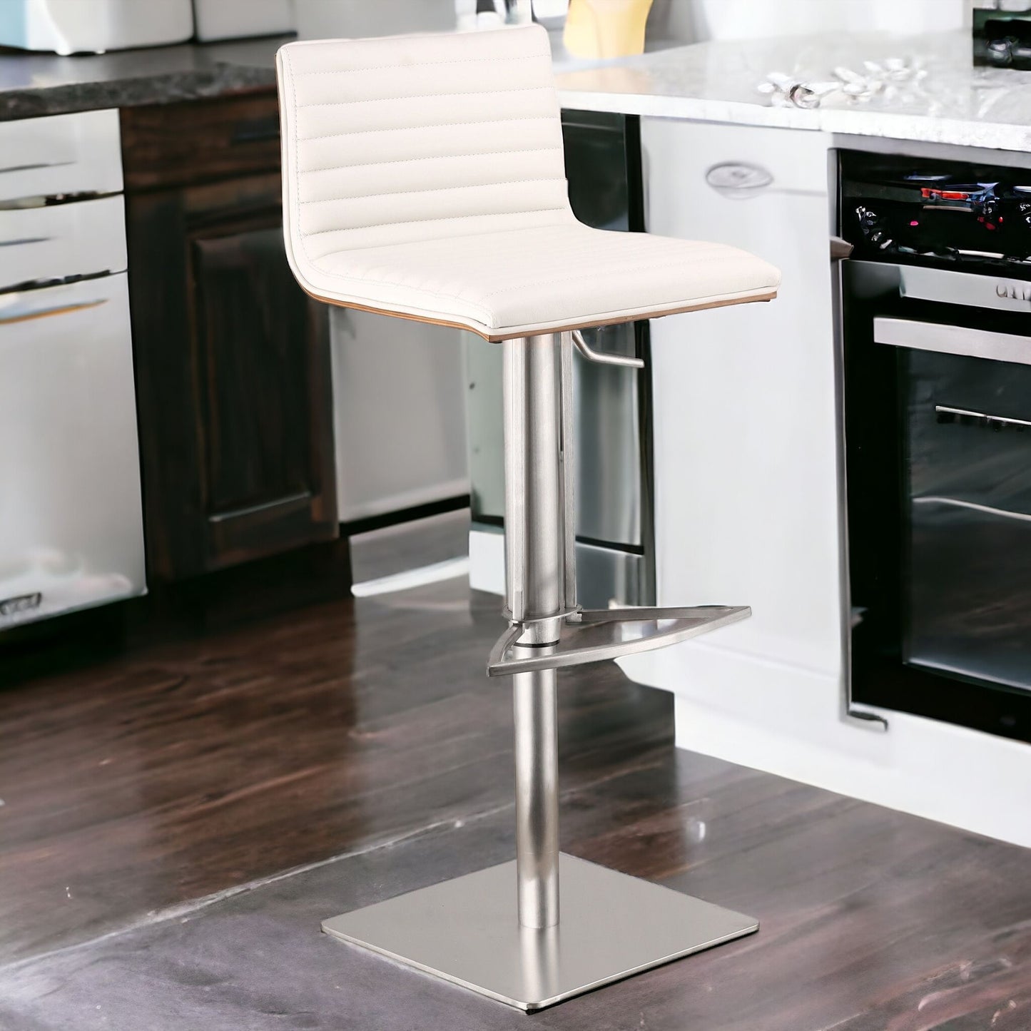 White Faux Leather Armless Swivel Bar Stool with Brushed Stainless Steel Base