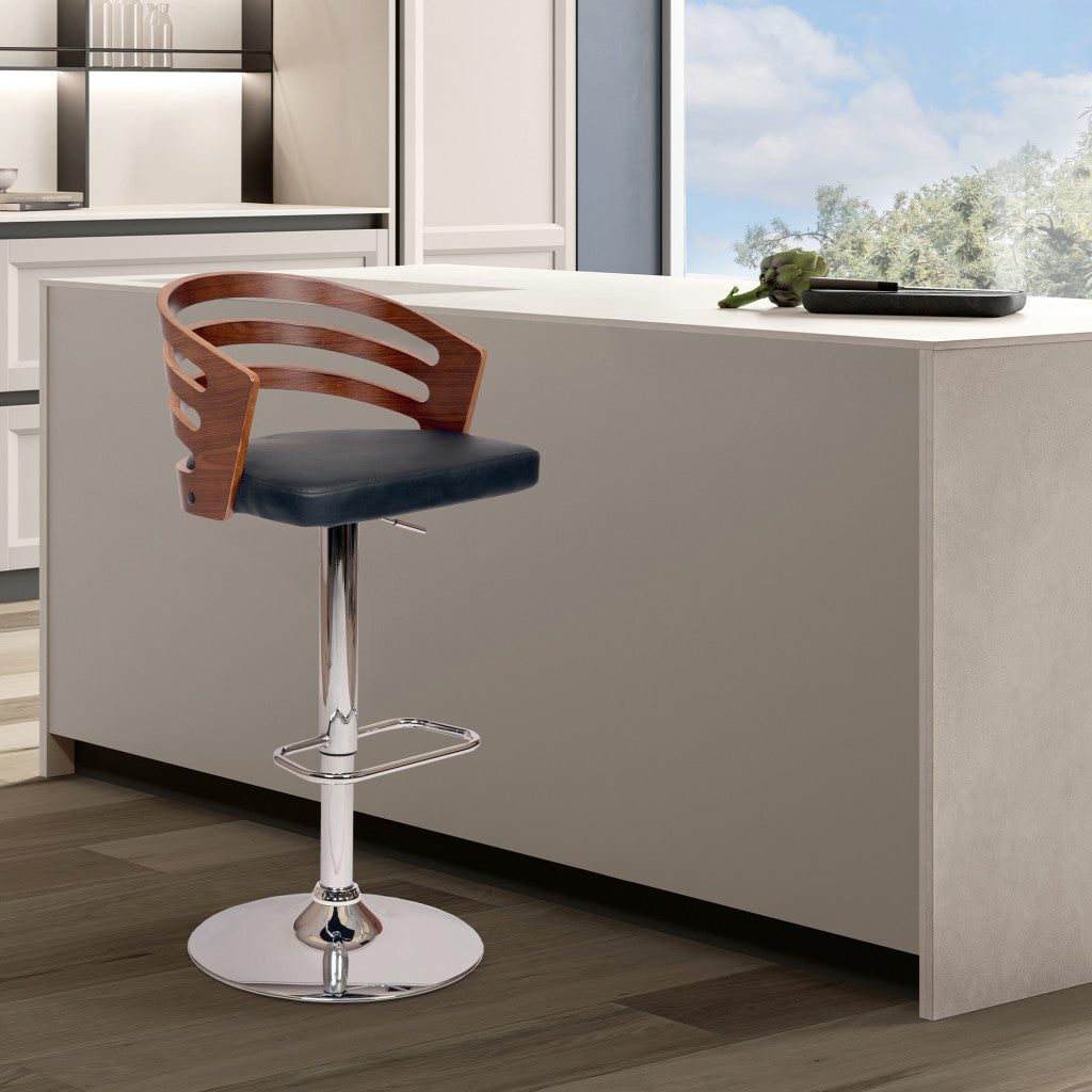 Black Faux Leather Walnut and Chrome Adjustable Swivel Bar Stool