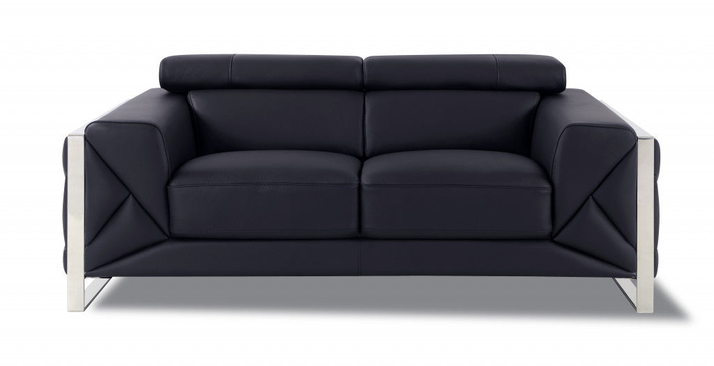 75" Black And Silver Italian Leather Love Seat