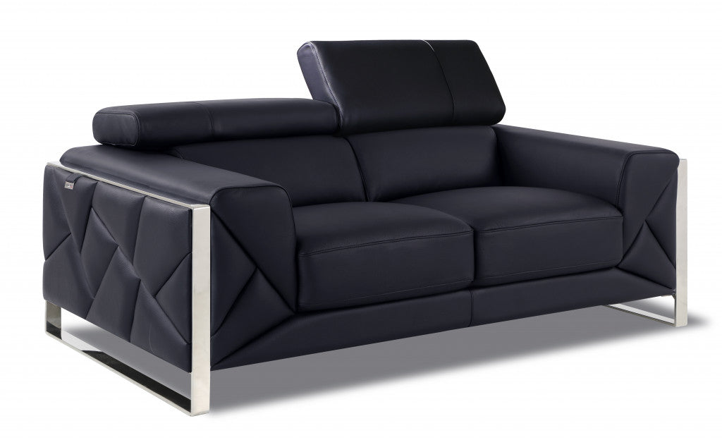 75" Black And Silver Italian Leather Love Seat