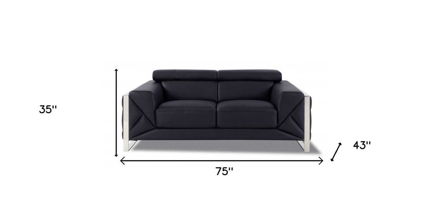 75" Black And Silver Italian Leather Love Seat