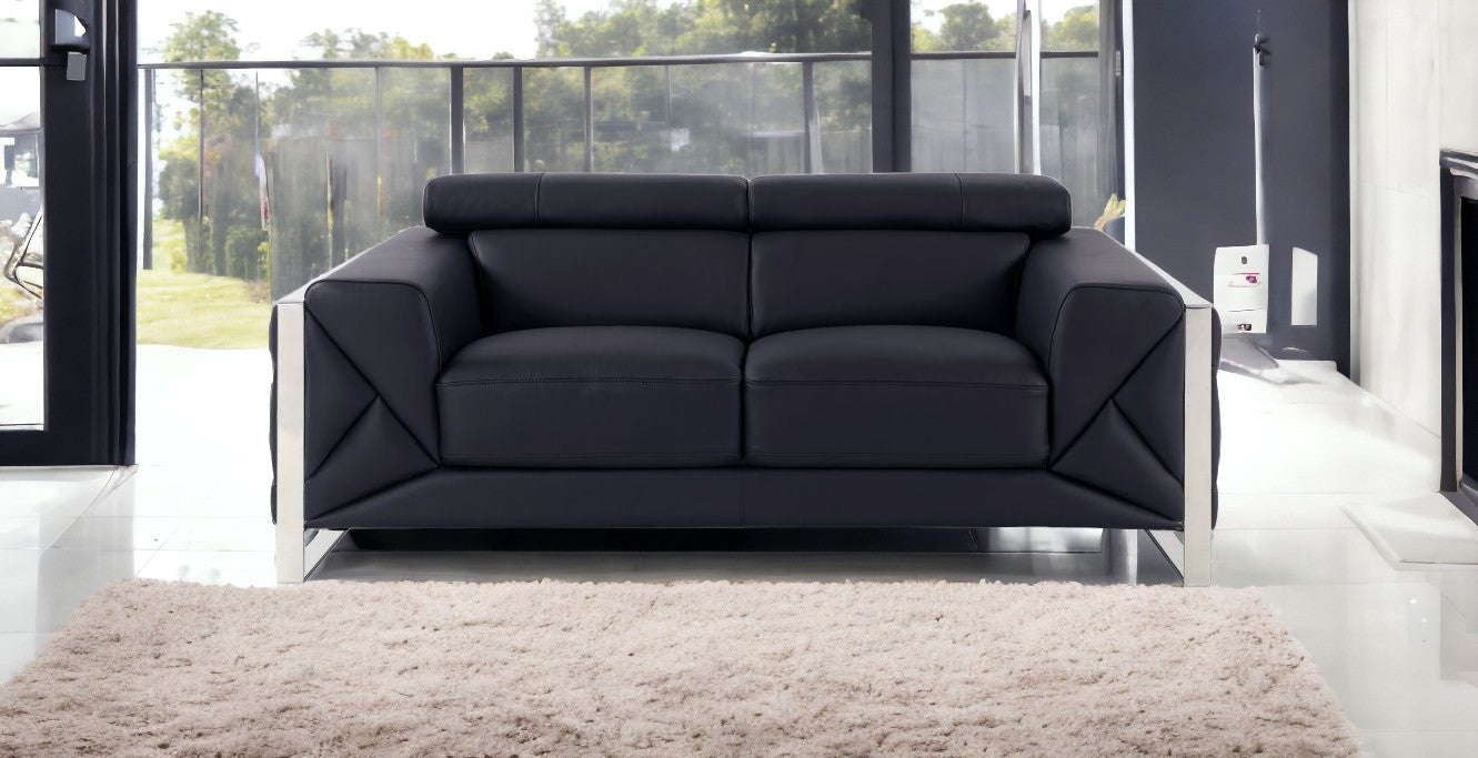 75" Black And Silver Italian Leather Love Seat