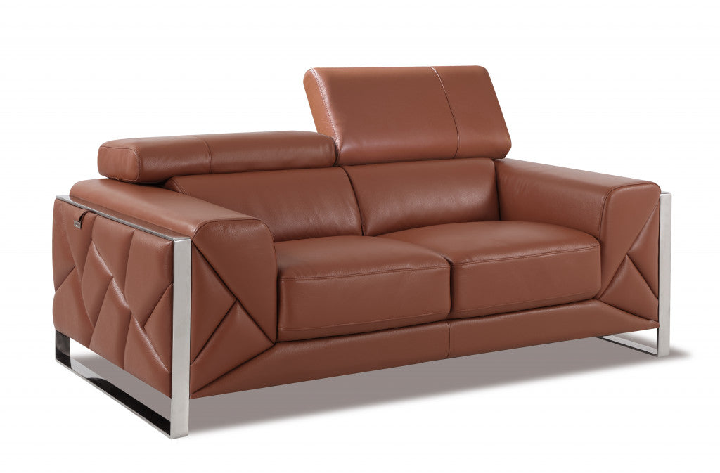 75" Camel And Silver Italian Leather Love Seat