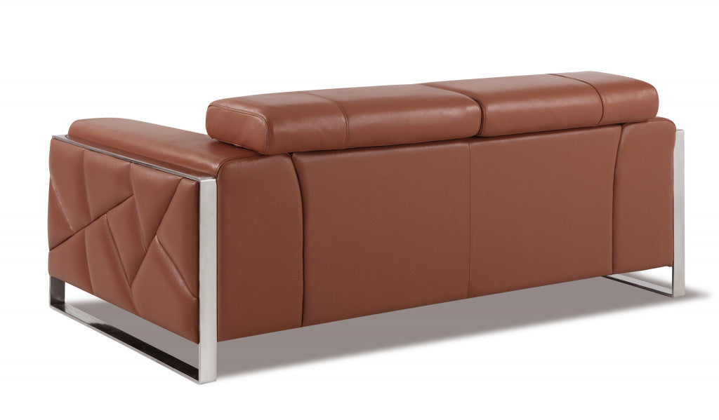 75" Camel And Silver Italian Leather Love Seat