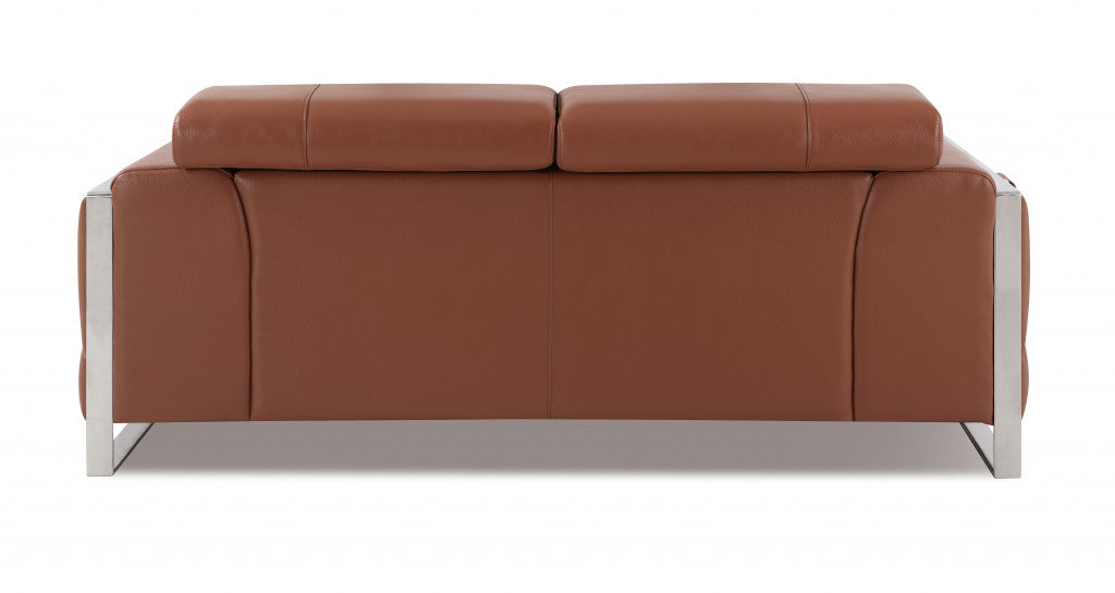 75" Camel And Silver Italian Leather Love Seat