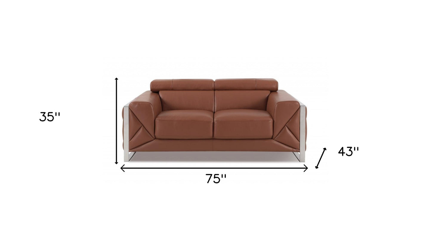 75" Camel And Silver Italian Leather Love Seat