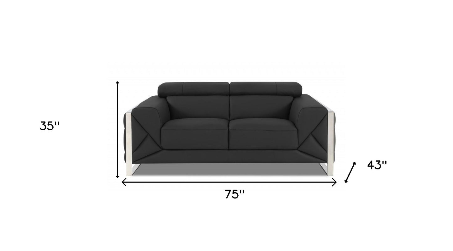 75" Gray And Silver Italian Leather Love Seat
