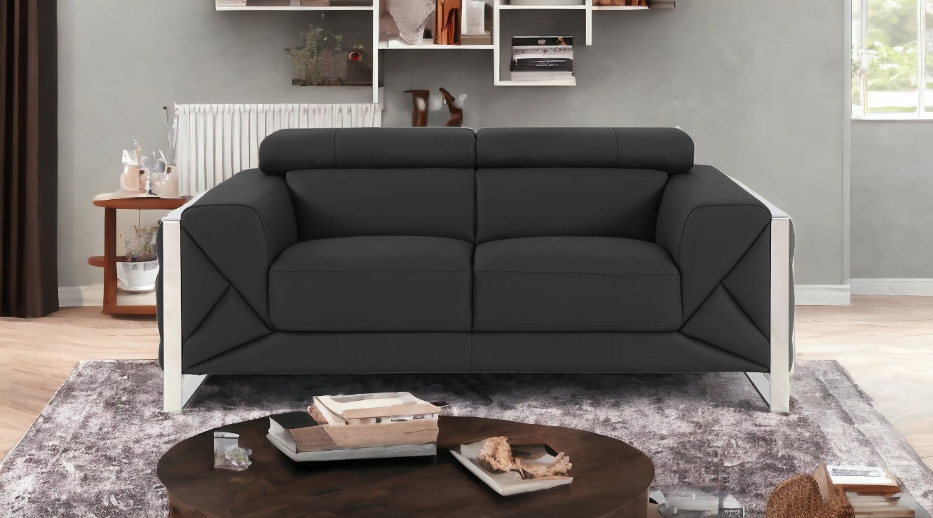 75" Gray And Silver Italian Leather Love Seat