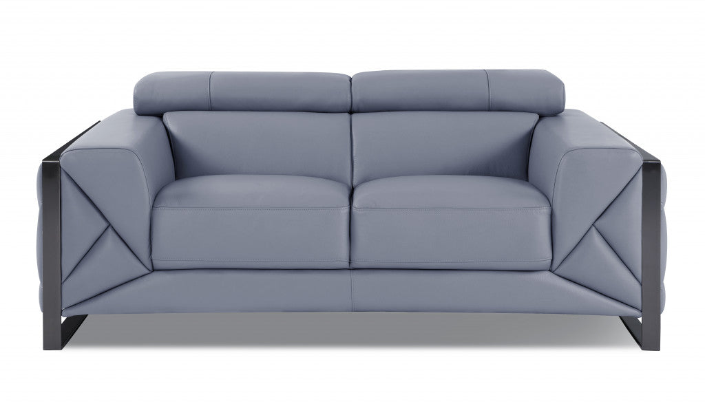 75" Light Blue And Black Italian Leather Love Seat