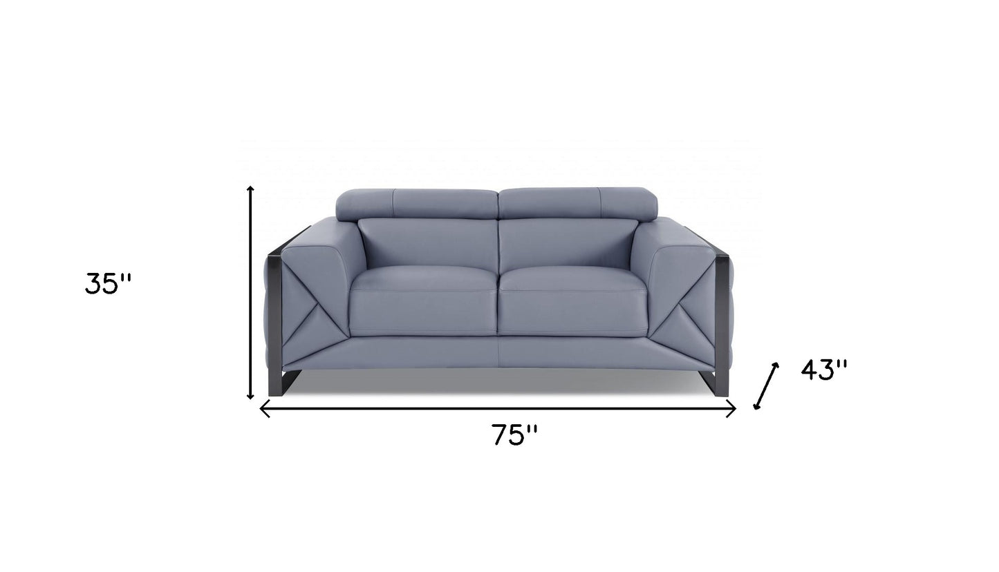75" Light Blue And Black Italian Leather Love Seat