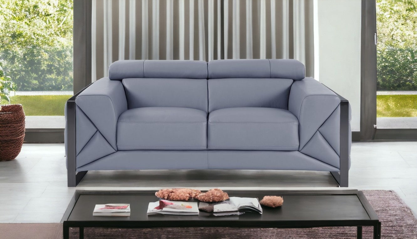 75" Light Blue And Black Italian Leather Love Seat