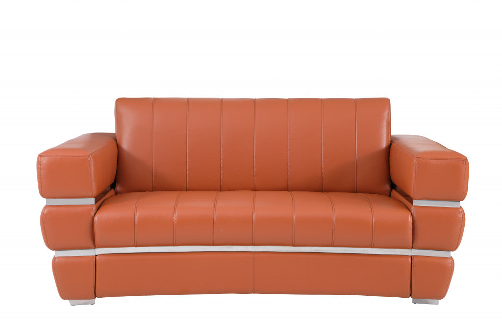 75" Camel And Silver Italian Leather Love Seat