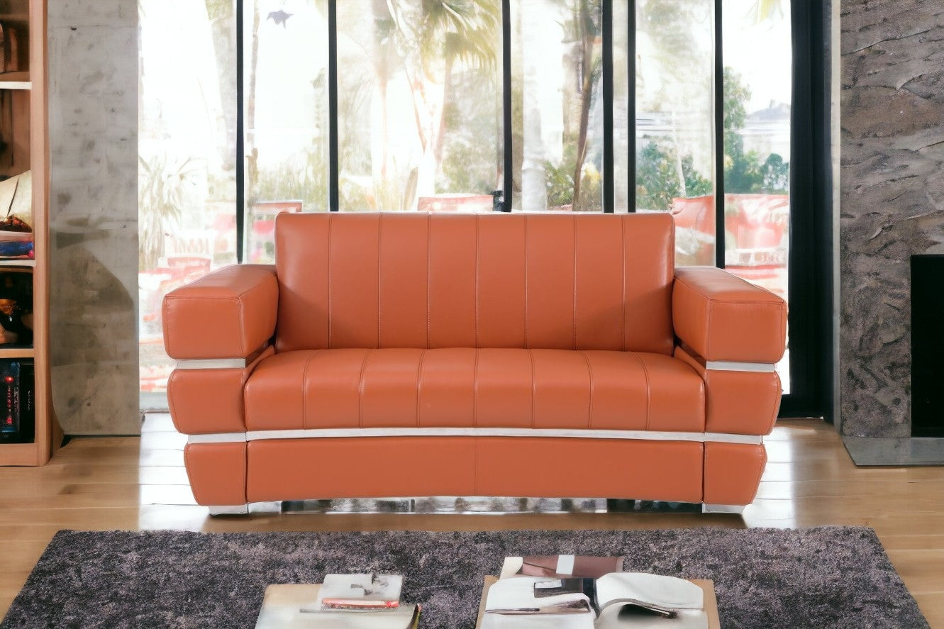 75" Camel And Silver Italian Leather Love Seat