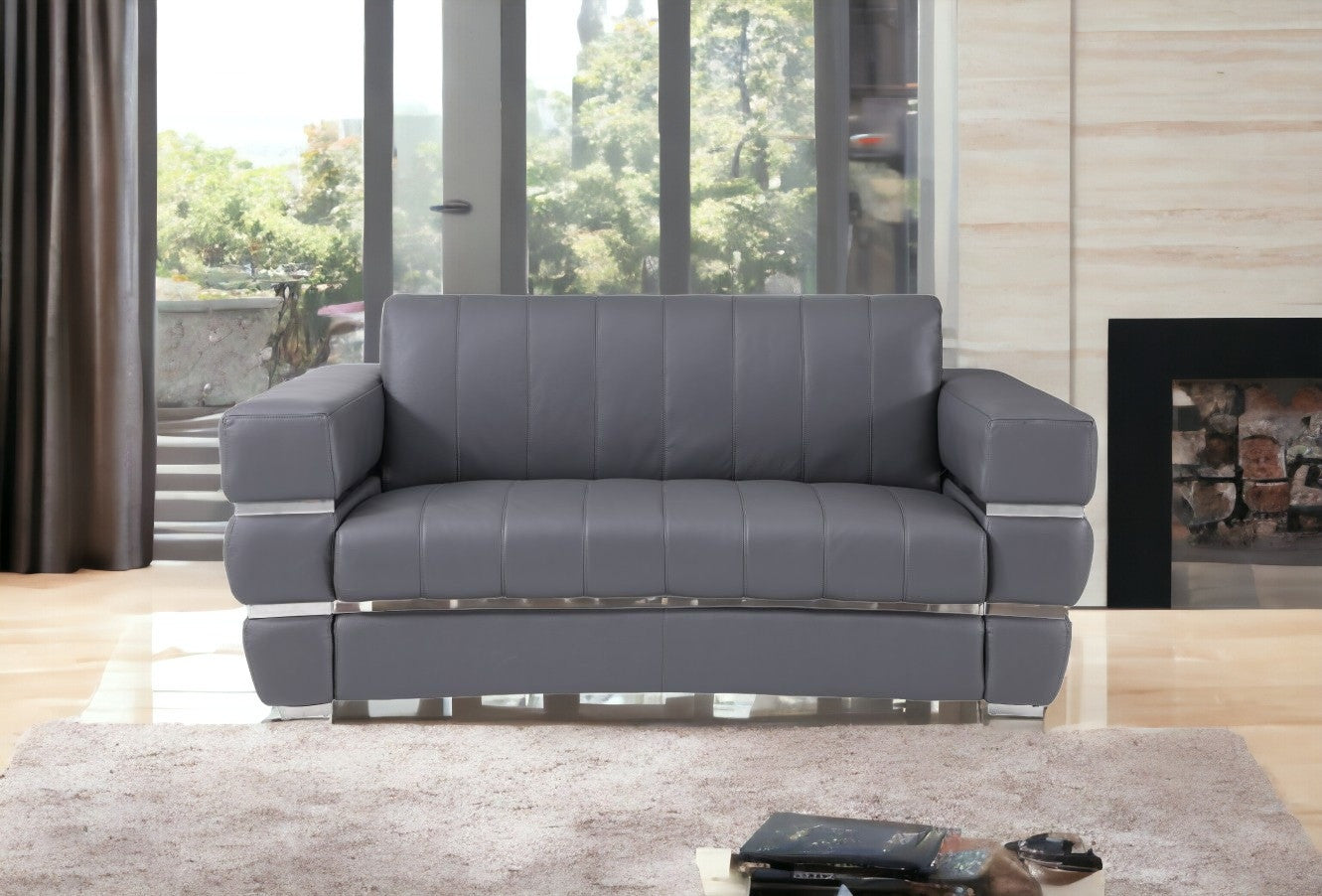 75" Gray And Silver Italian Leather Love Seat