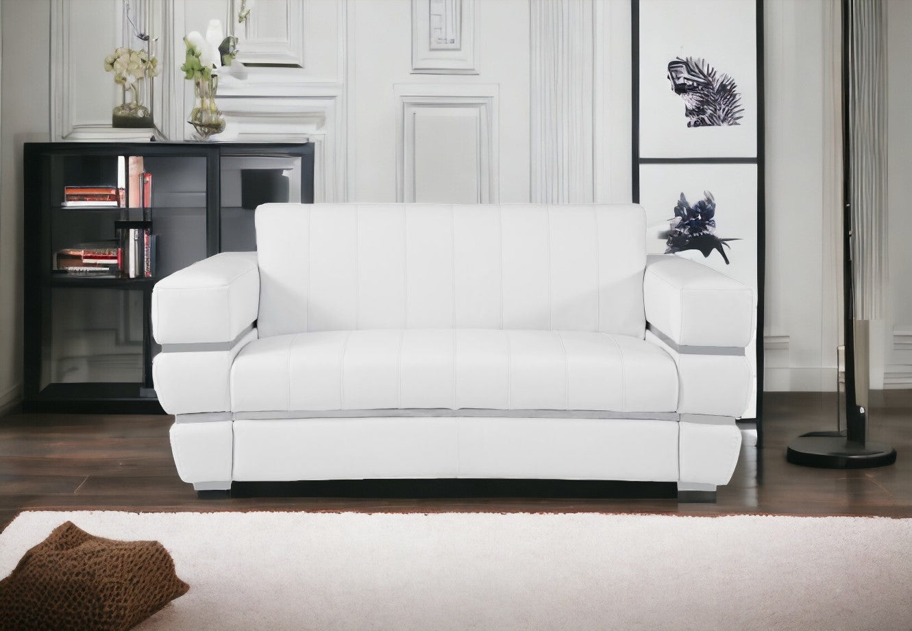 75" White And Silver Italian Leather Love Seat
