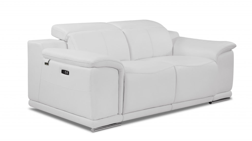 72" White And Silver Italian Leather Power Reclining Love Seat