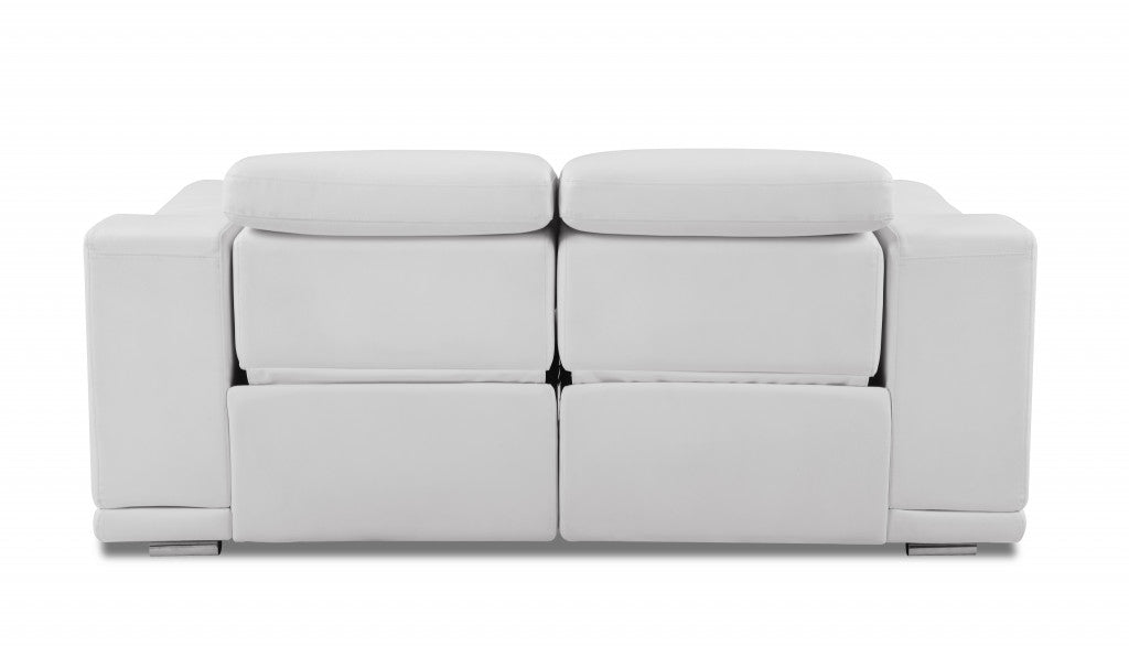 72" White And Silver Italian Leather Power Reclining Love Seat