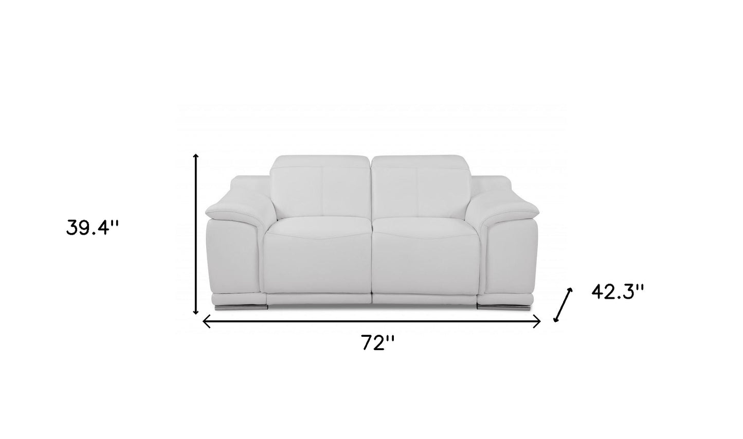 72" White And Silver Italian Leather Power Reclining Love Seat
