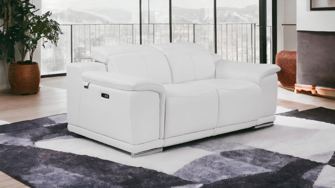72" White And Silver Italian Leather Power Reclining Love Seat