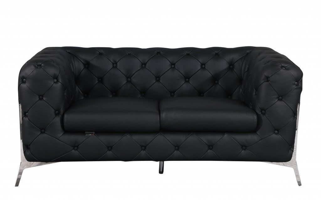 69" Black And Silver Italian Leather Love Seat
