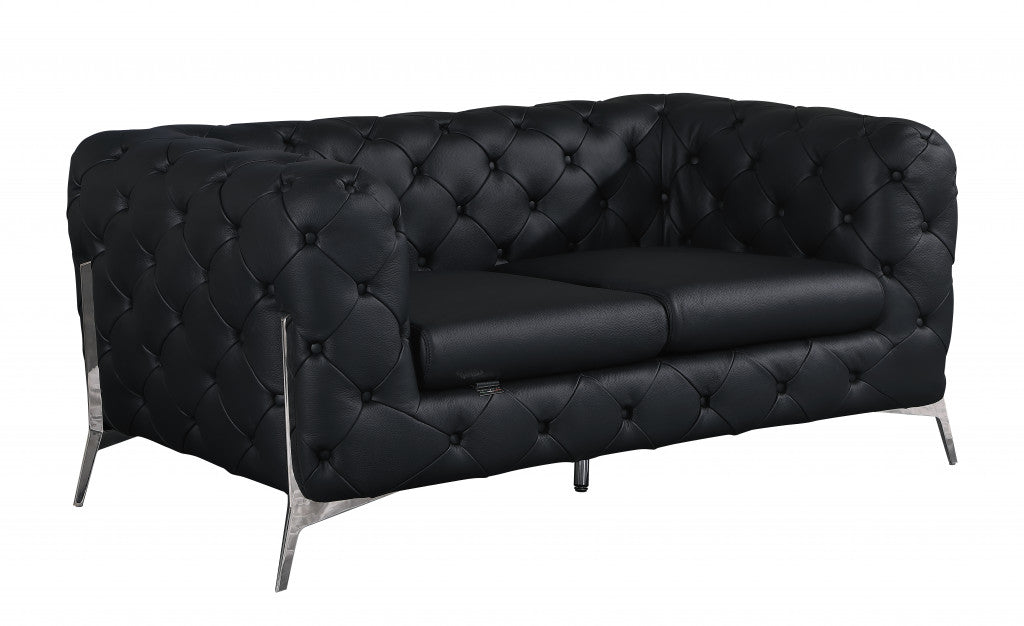69" Black And Silver Italian Leather Love Seat