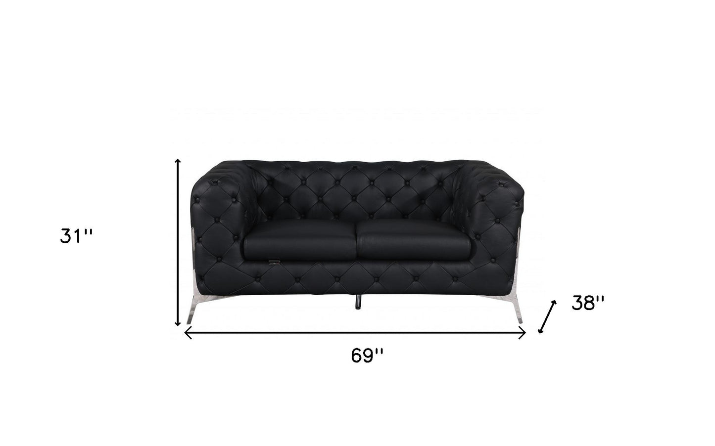 69" Black And Silver Italian Leather Love Seat