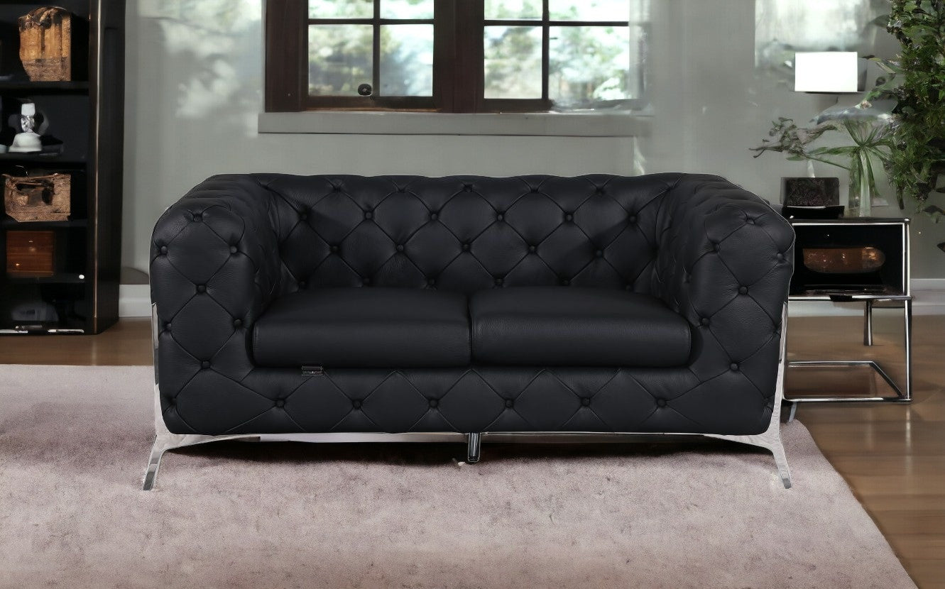 69" Black And Silver Italian Leather Love Seat
