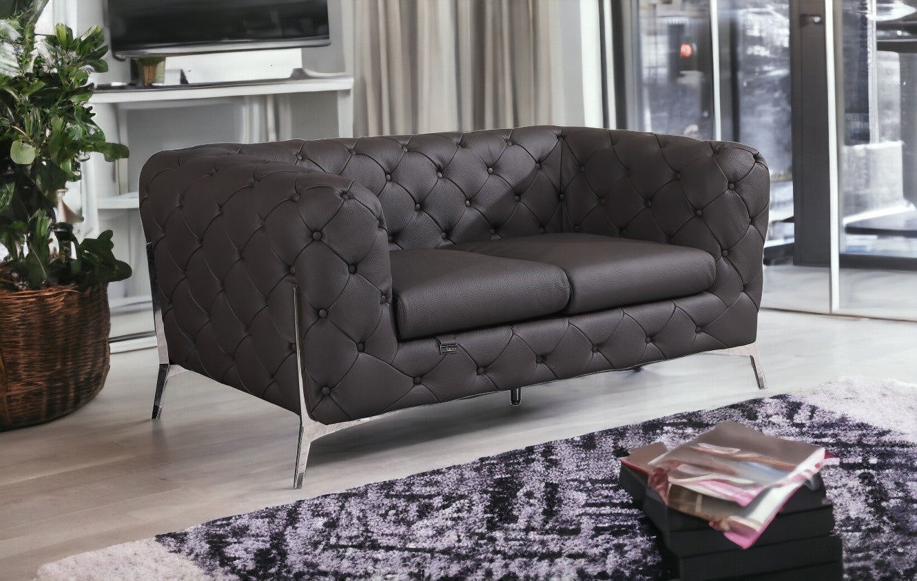 69" Brown And Silver Italian Leather Love Seat