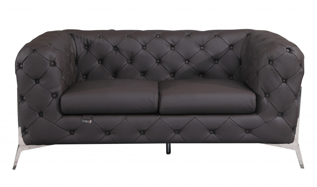 69" Brown And Silver Italian Leather Love Seat