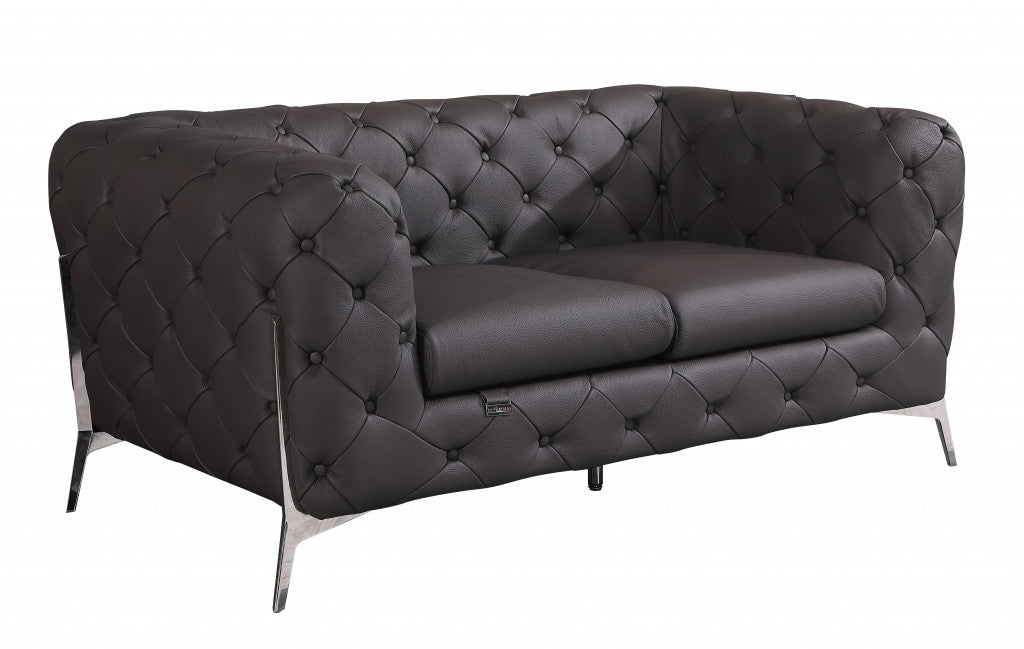 69" Brown And Silver Italian Leather Love Seat