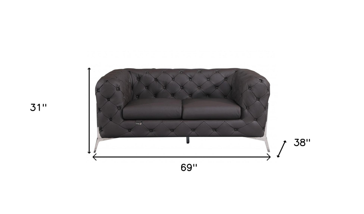 69" Brown And Silver Italian Leather Love Seat