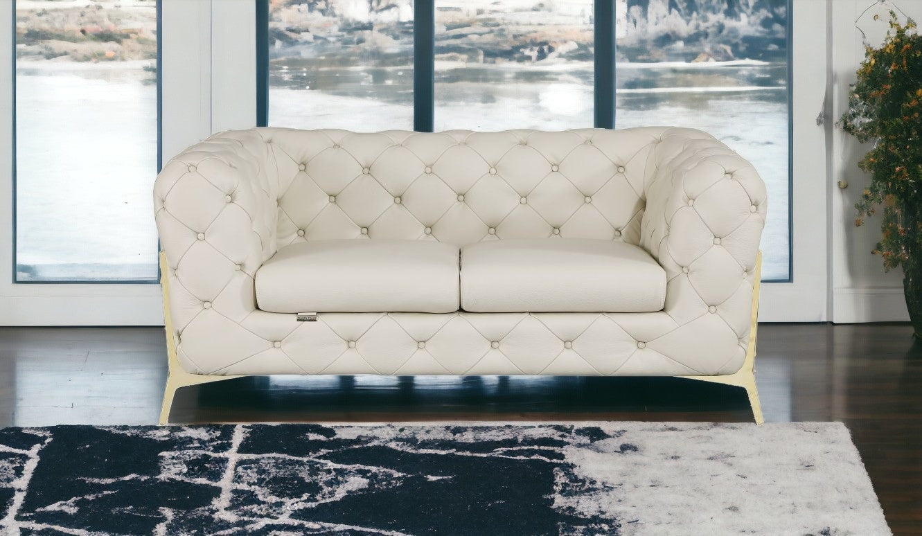 69" Beige And Gold Italian Leather Love Seat