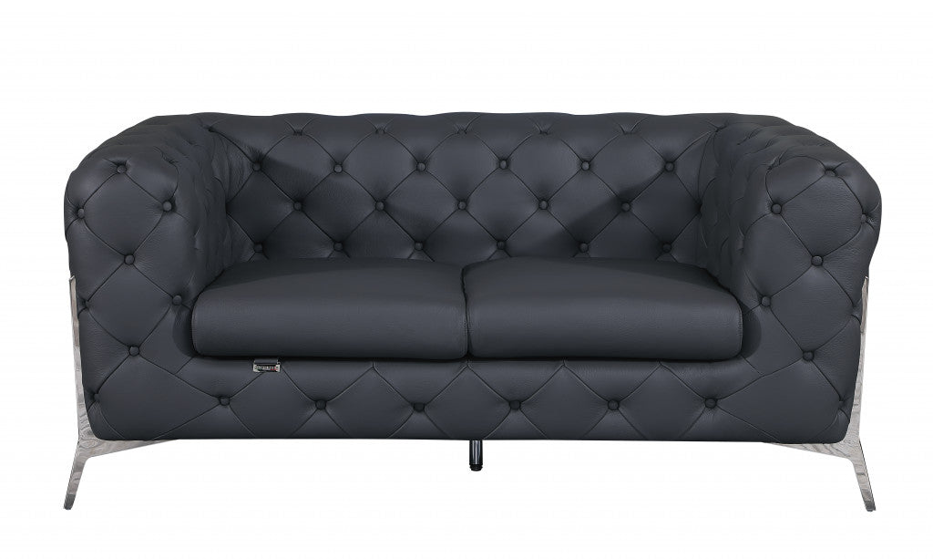 69" Gray And Silver Italian Leather Love Seat