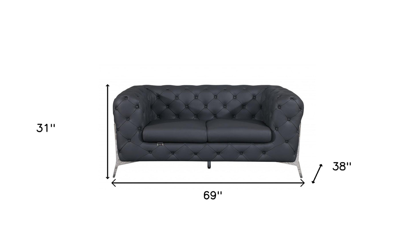 69" Gray And Silver Italian Leather Love Seat