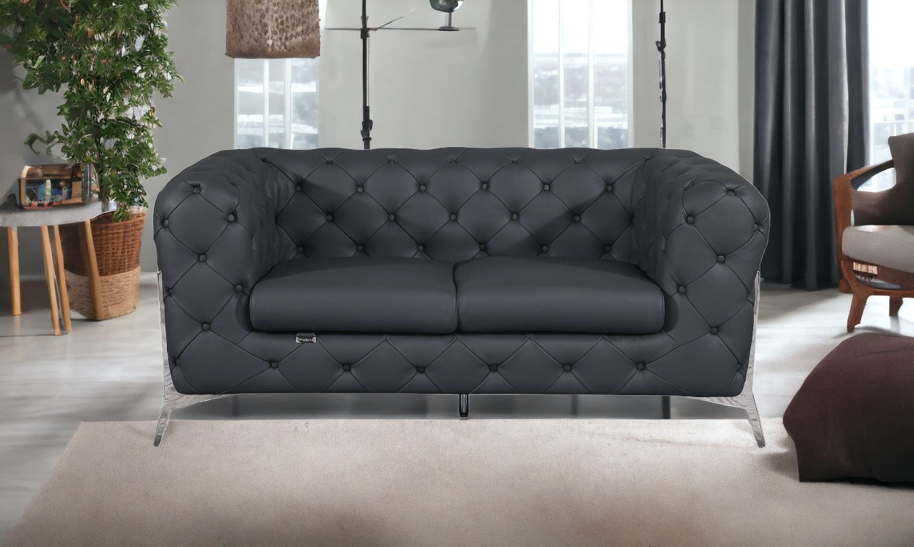 69" Gray And Silver Italian Leather Love Seat