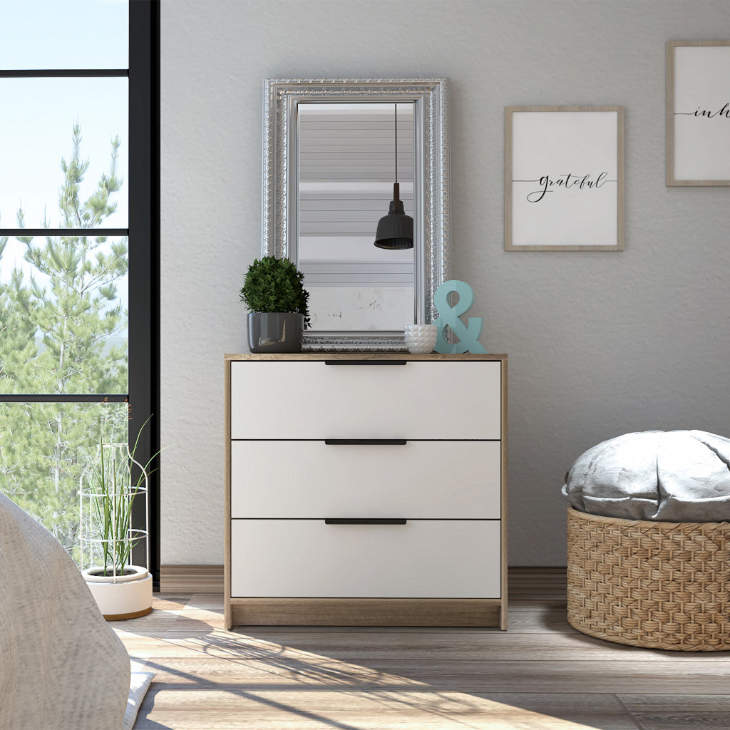 28" Light Oak And White Manufactured Wood Three Drawer Dresser