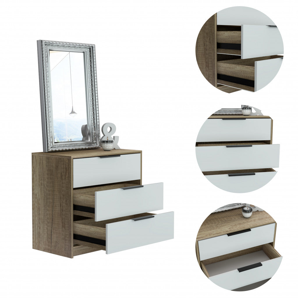 28" Light Oak And White Manufactured Wood Three Drawer Dresser