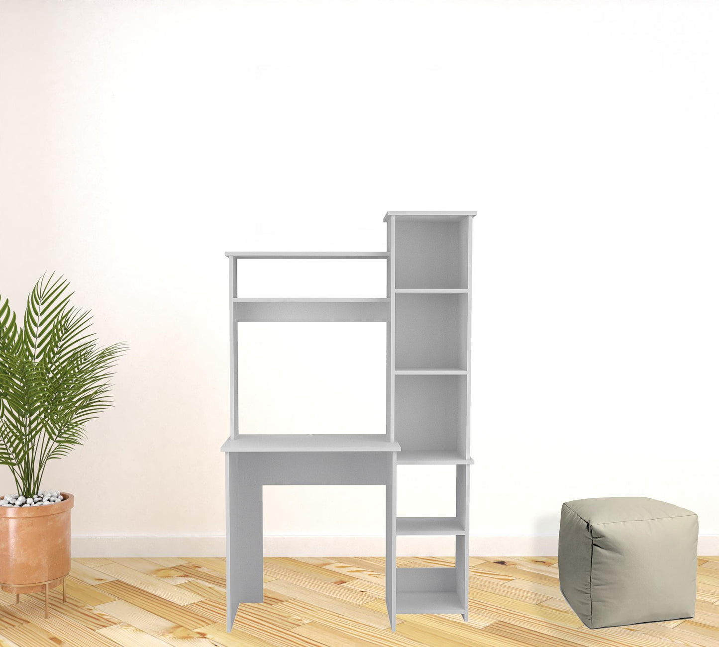 Modern White Office Desk with Storage Cabinet