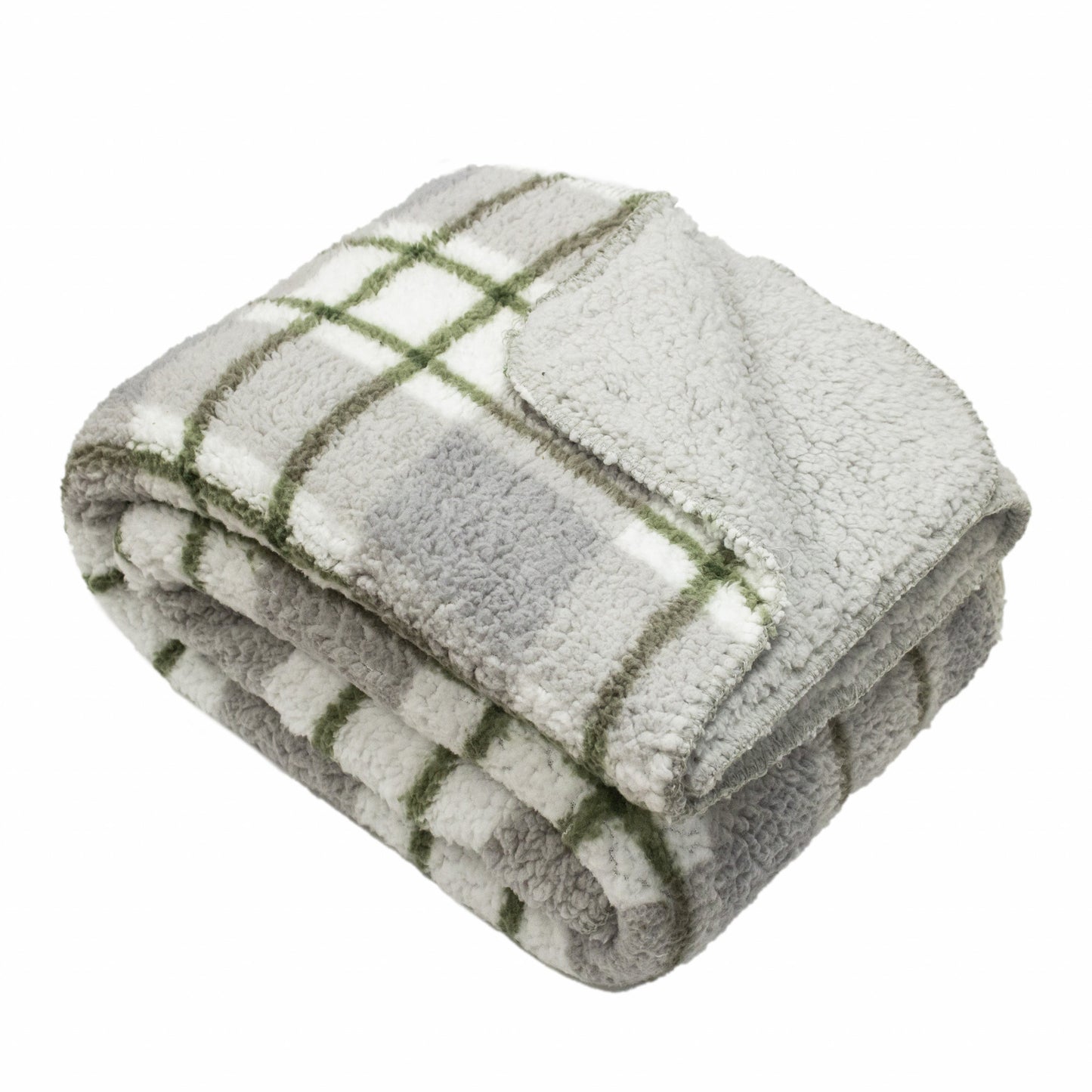 Grey Olive Reverse and White Printed Sherpa and Sherpa Throw Blanket