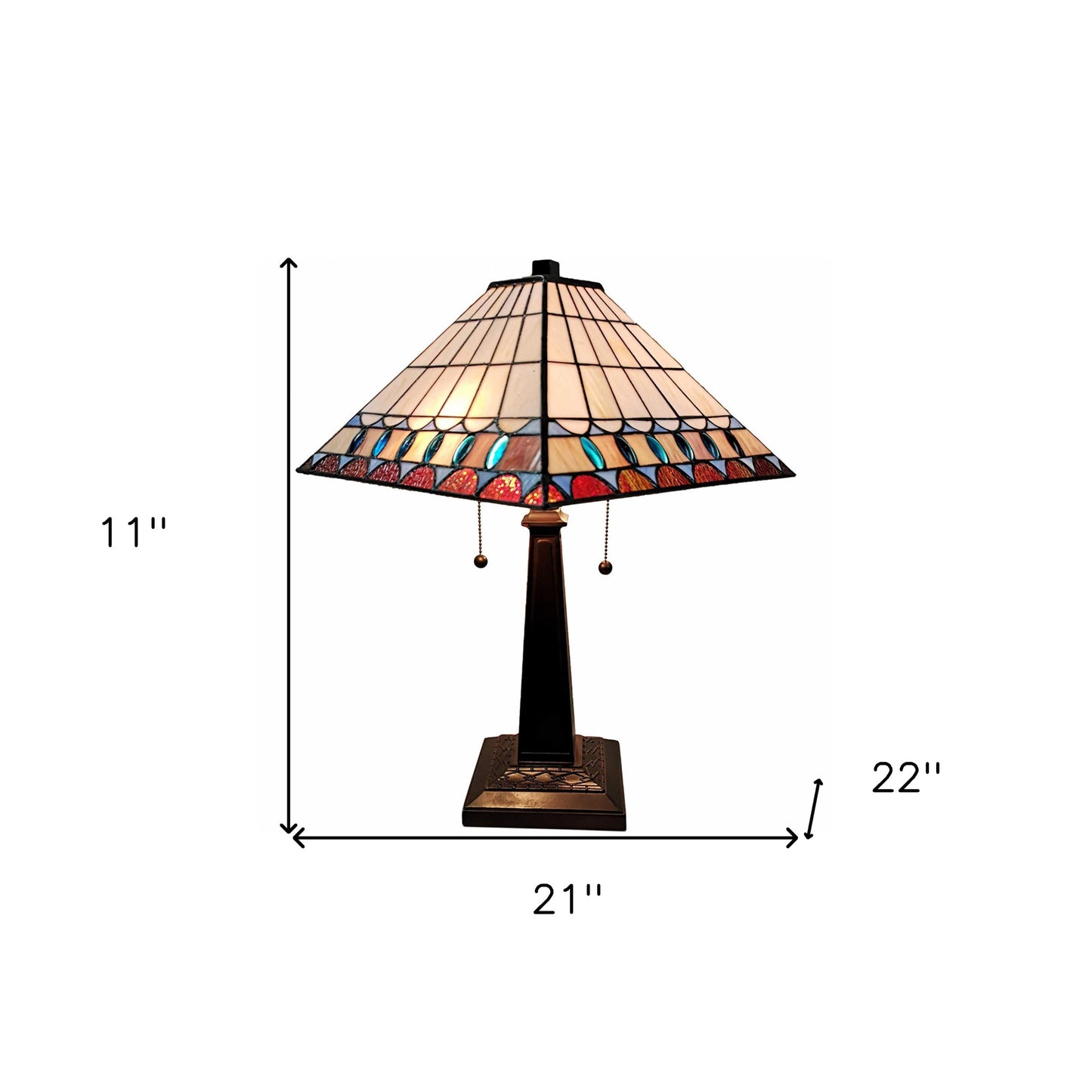 23" White Amber and Teal Stained Glass Two Light Mission Style Table Lamp