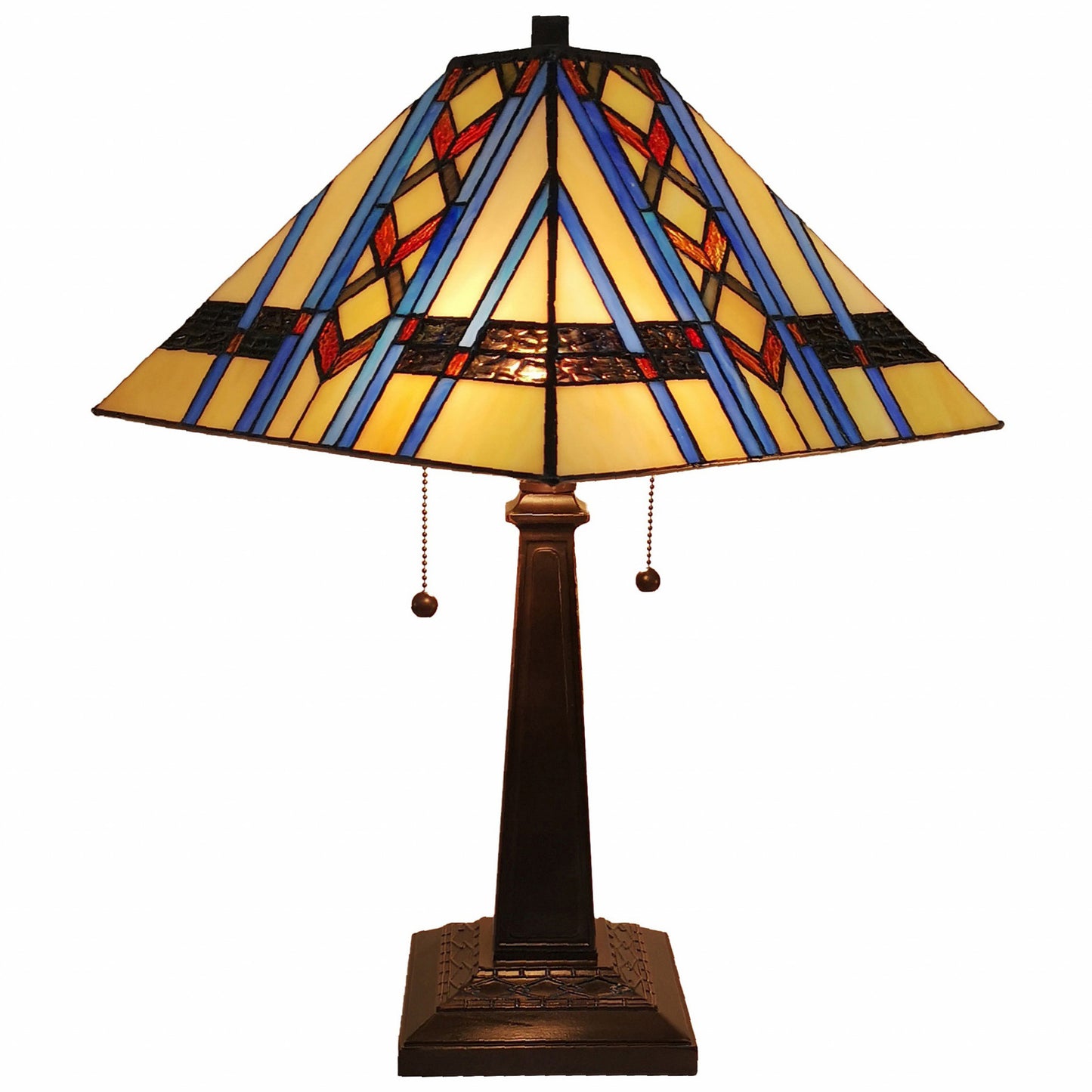 23" Amber Brown and Blue Stained Glass Two Light Mission Style Table Lamp