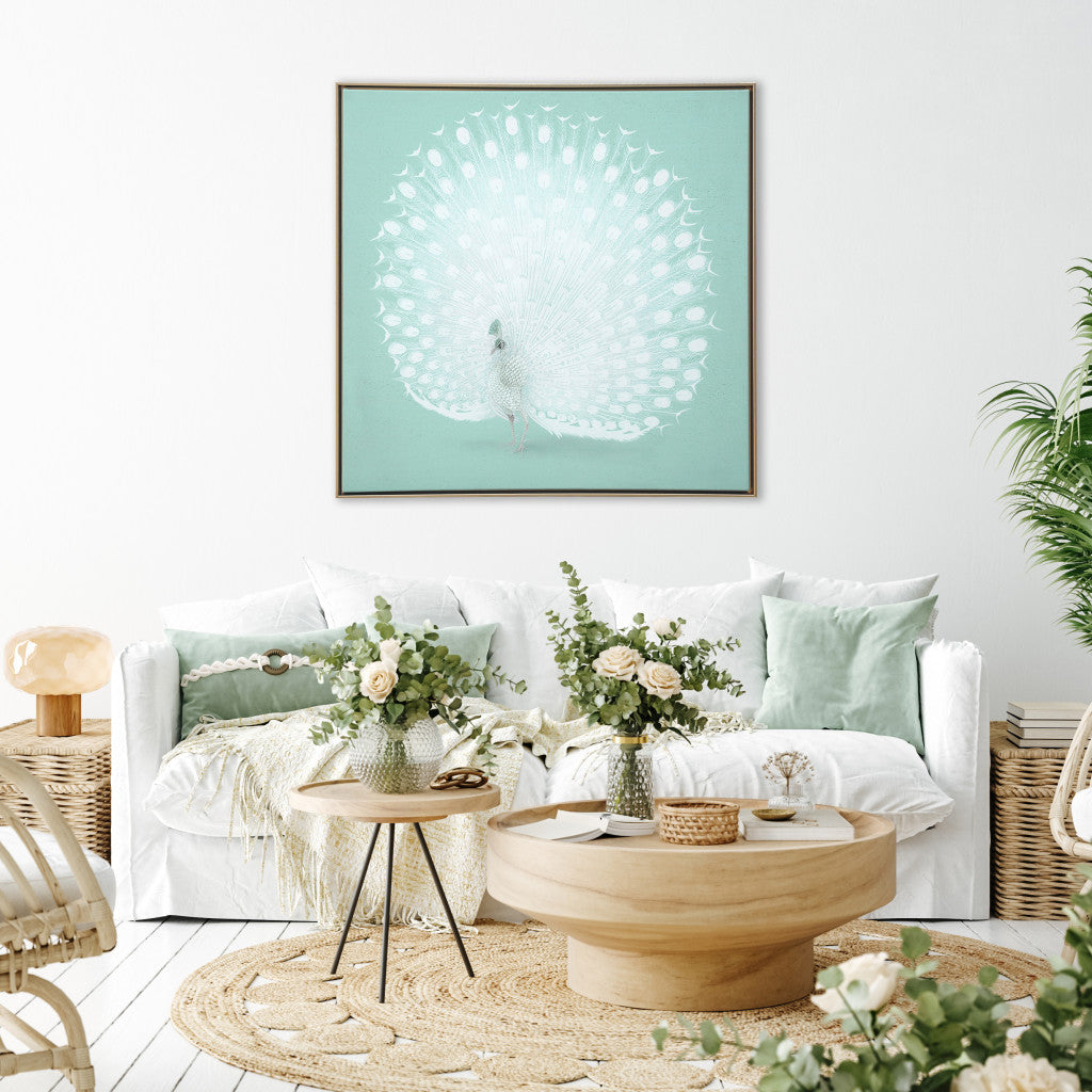 White Peacock on Green Gold Floater Frame Canvas Wall Art