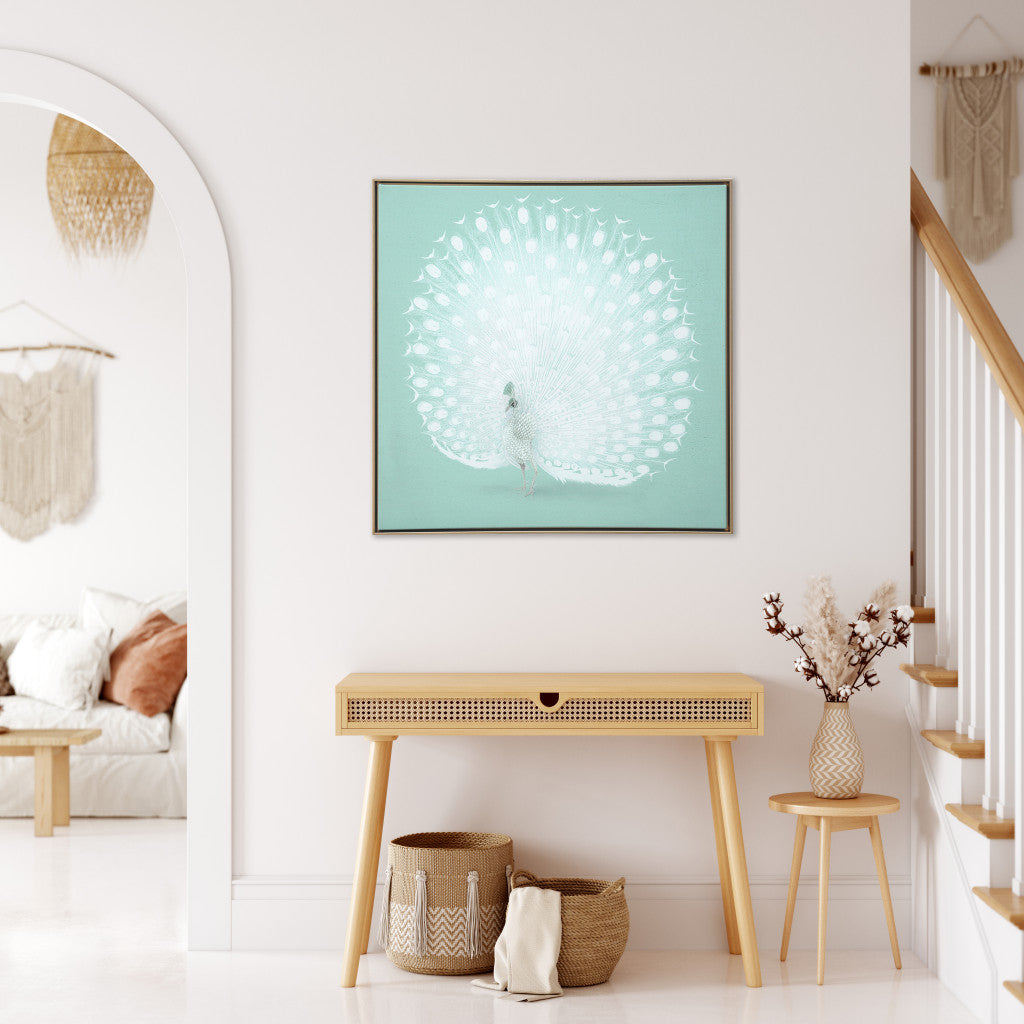 White Peacock on Green Gold Floater Frame Canvas Wall Art