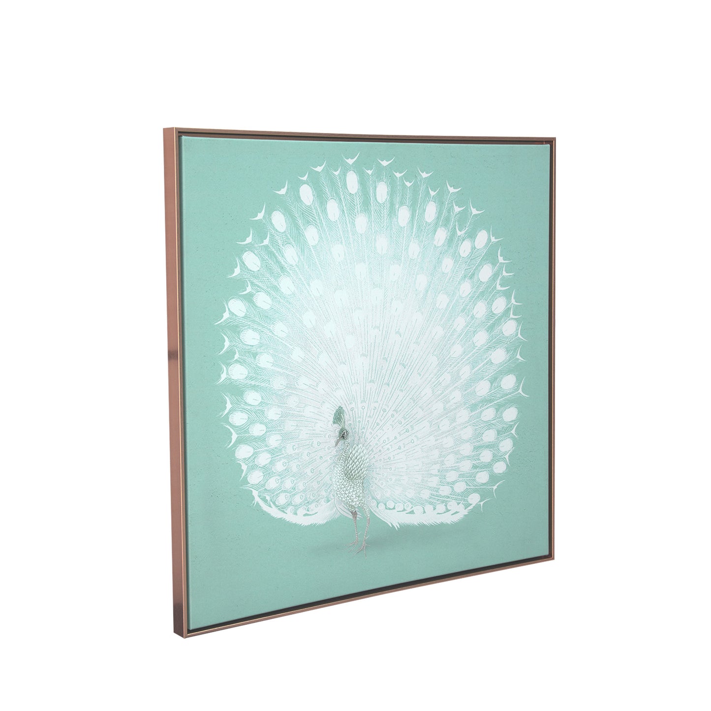 White Peacock on Green Gold Floater Frame Canvas Wall Art