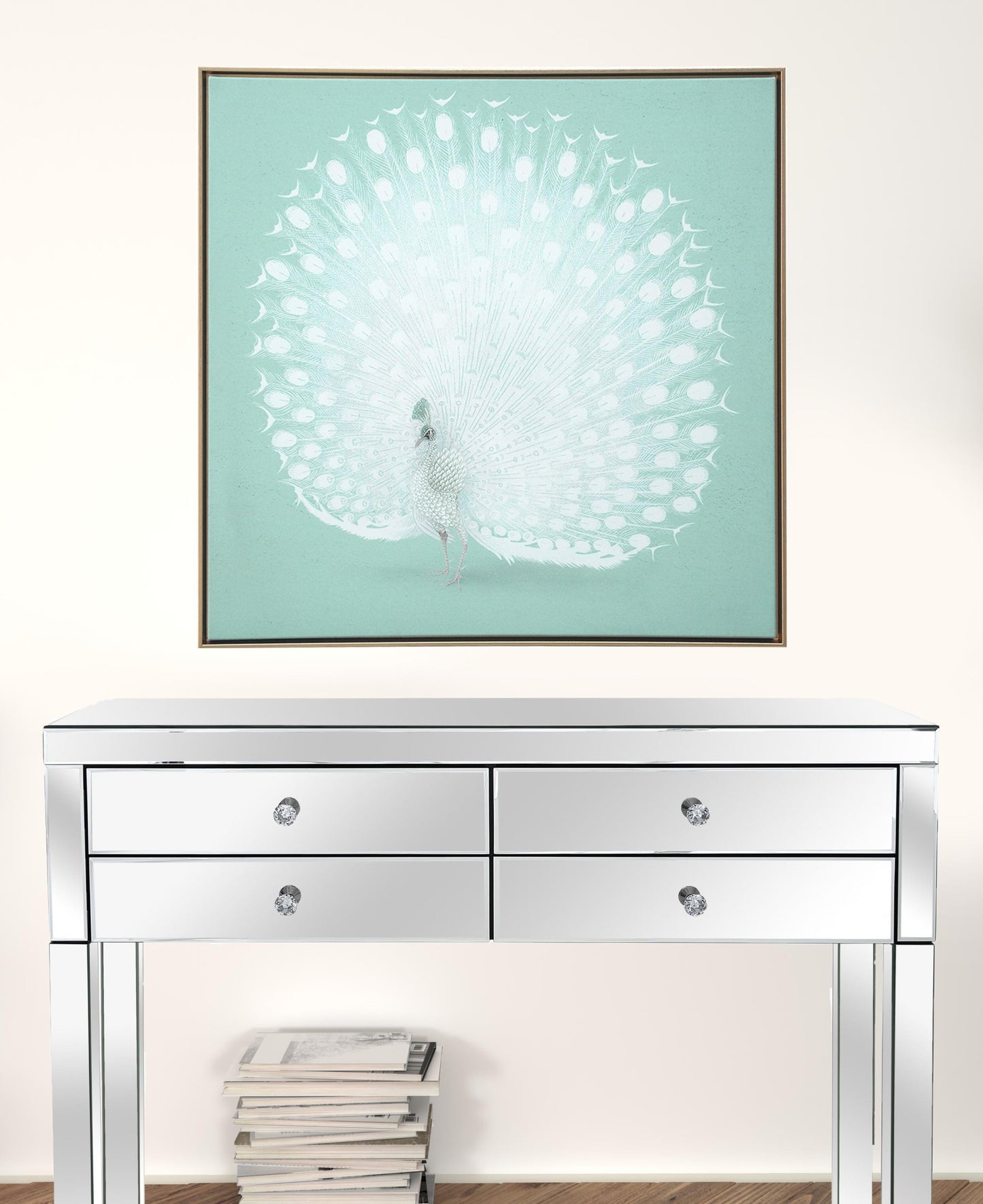 White Peacock on Green Gold Floater Frame Canvas Wall Art