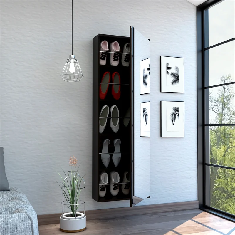 Stylish Black Wengue Wall Mounted Shoe Rack with Mirror