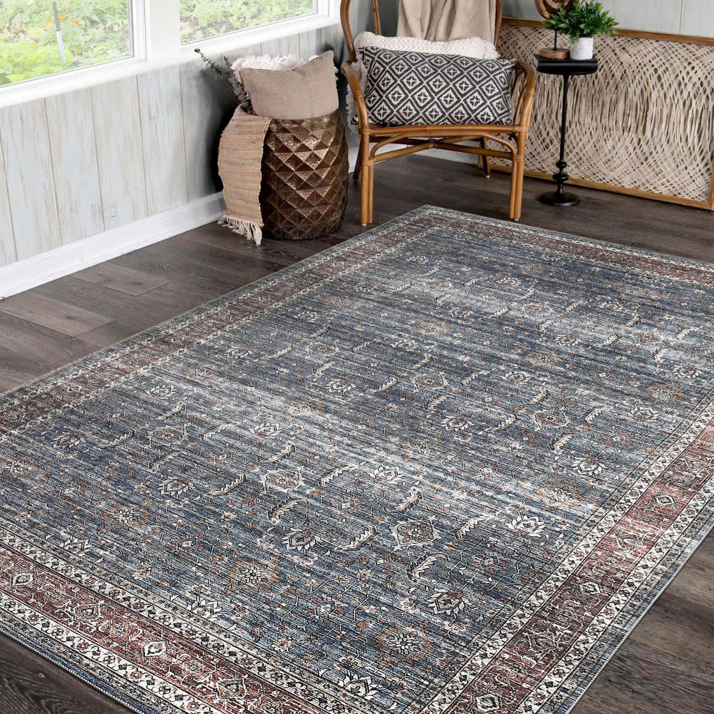 8' X 11' Blue Oriental Distressed Stain Resistant Area Rug